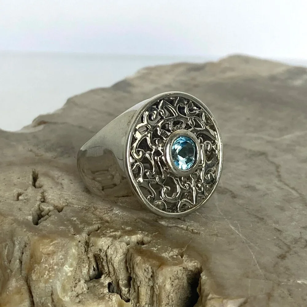 Sterling Silver 925 Round Blue Topaz Scrollwork Wide Band Statement Ring Sz 5.75